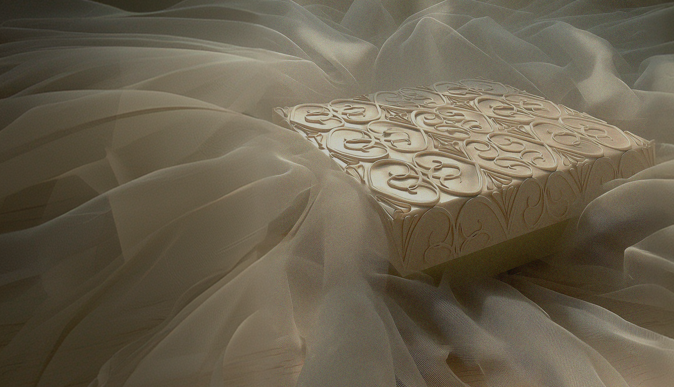 Decorative wooden box with intricate carvings on a bed of white fabric.